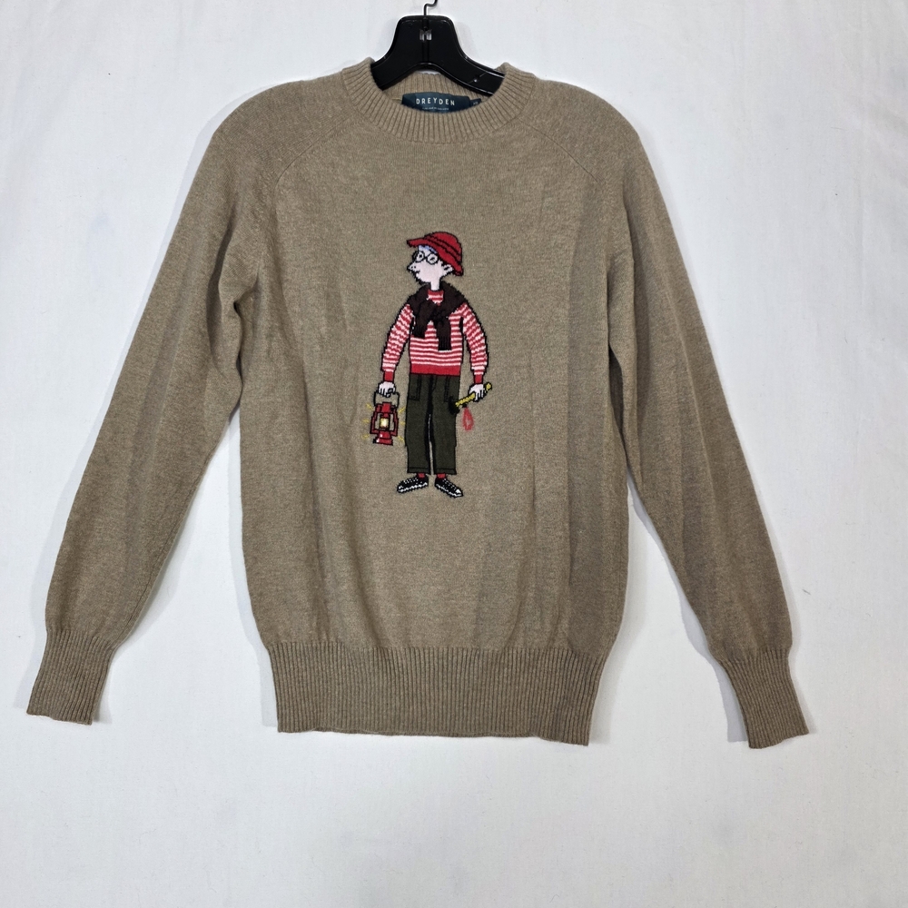 Dreyden Italian Cashmere Knit Dark Beige Crewneck Sweater With Character Motif